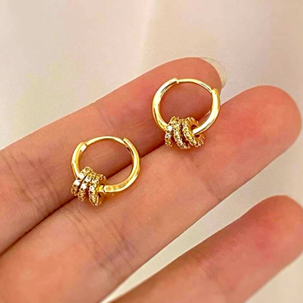 Ultra Delicate Tiny Gold & Rhinestone Detail Huggie Hoops - Picture 2 of 6